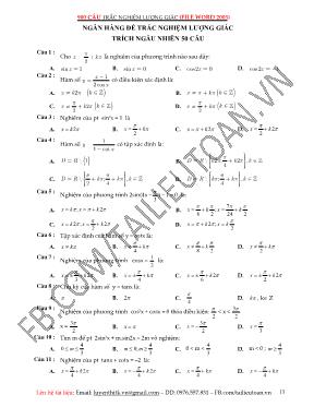 50 câu hỏi trắc nghiệm về Lượng giác Hình học 11